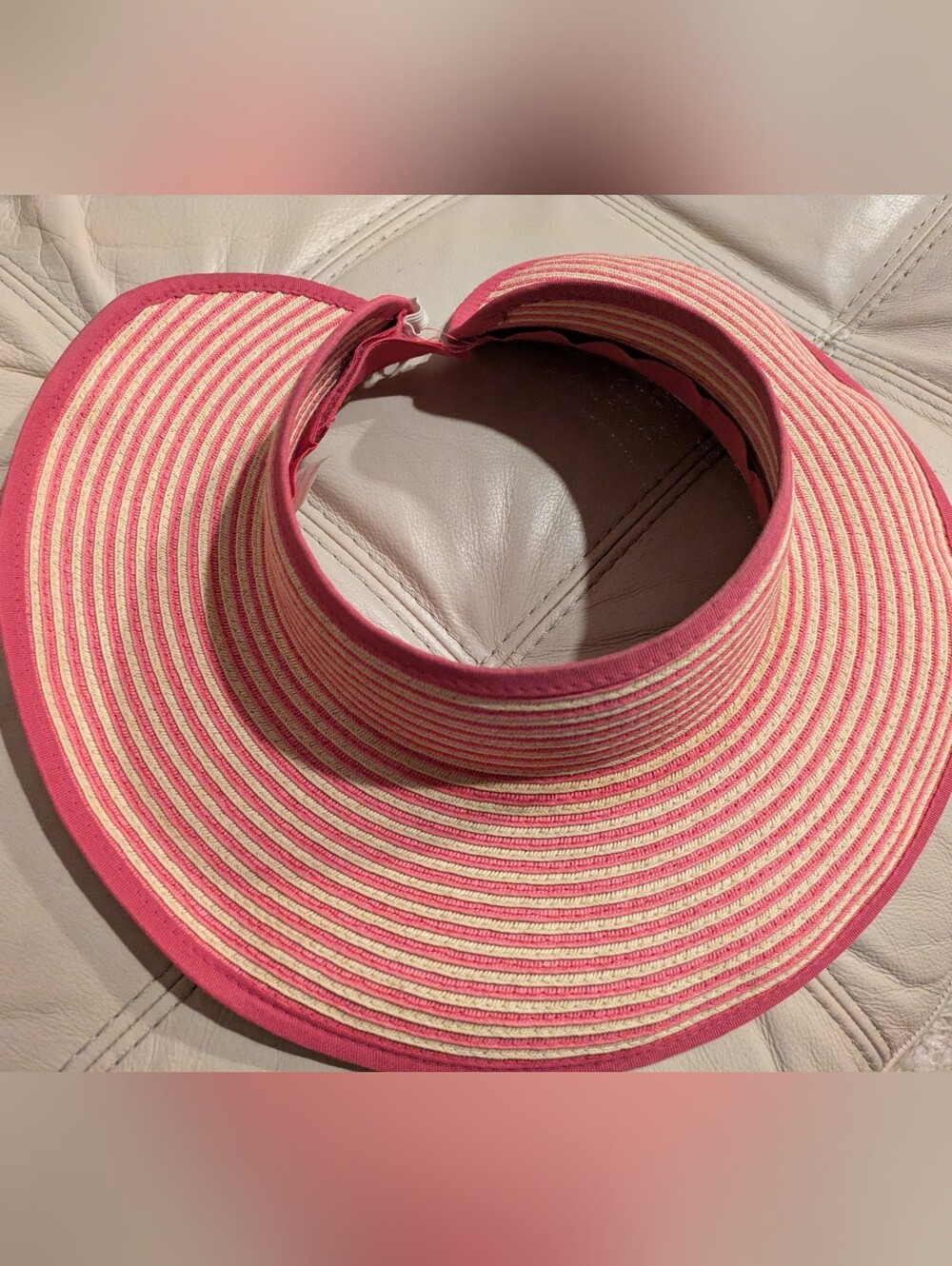 Wide Brim Foldable Hat Womens Pink Tan Stripes Woven Straw Sewn Braid Sun Visor
